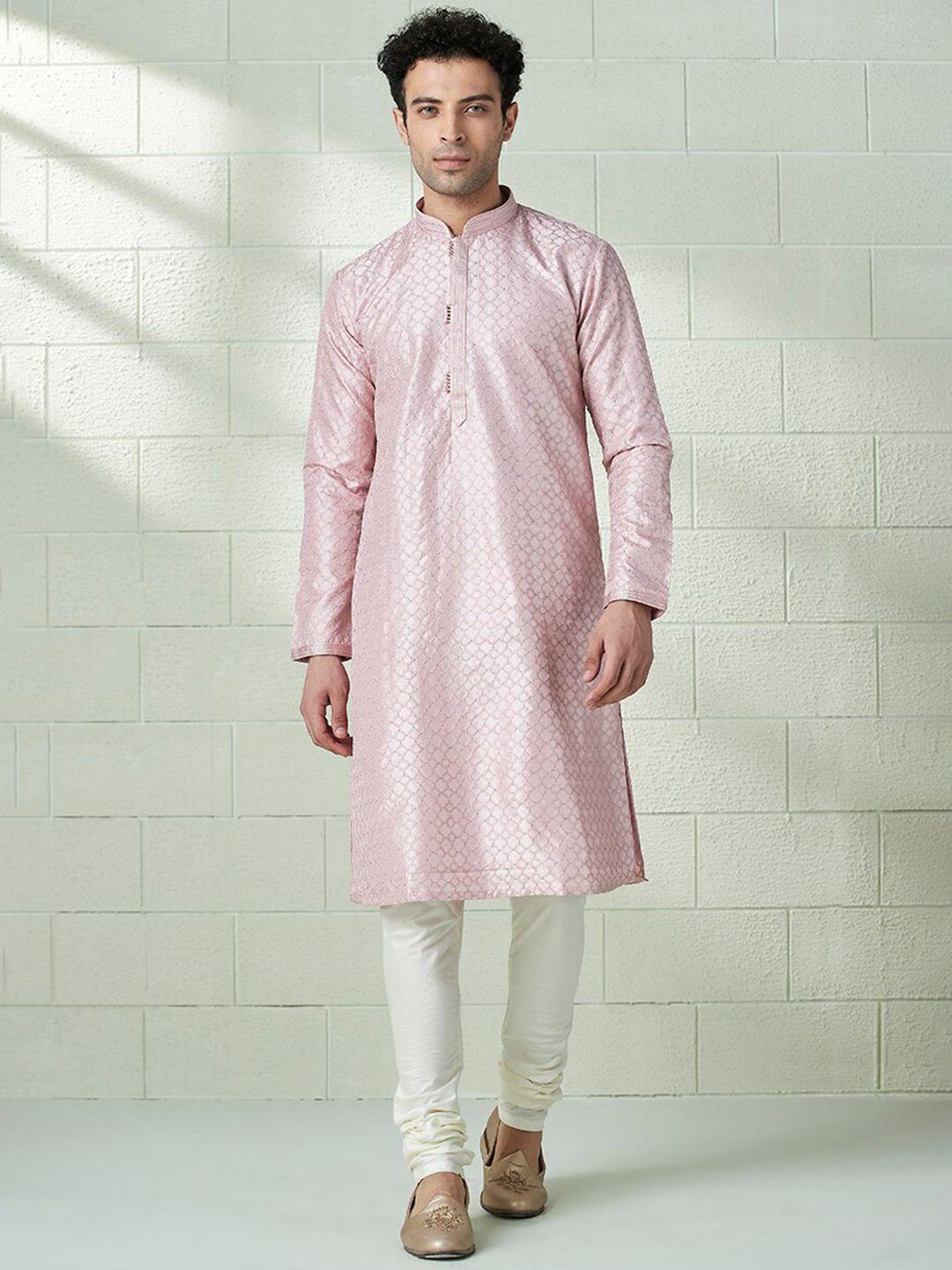 twamev geometric embroidered mandarin collar pastels straight kurta with churidar