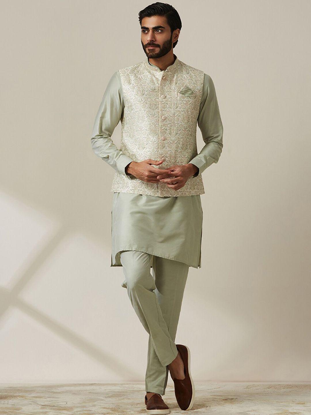 twamev mandarin collar art silk straight kurta with trousers & nehru jacket