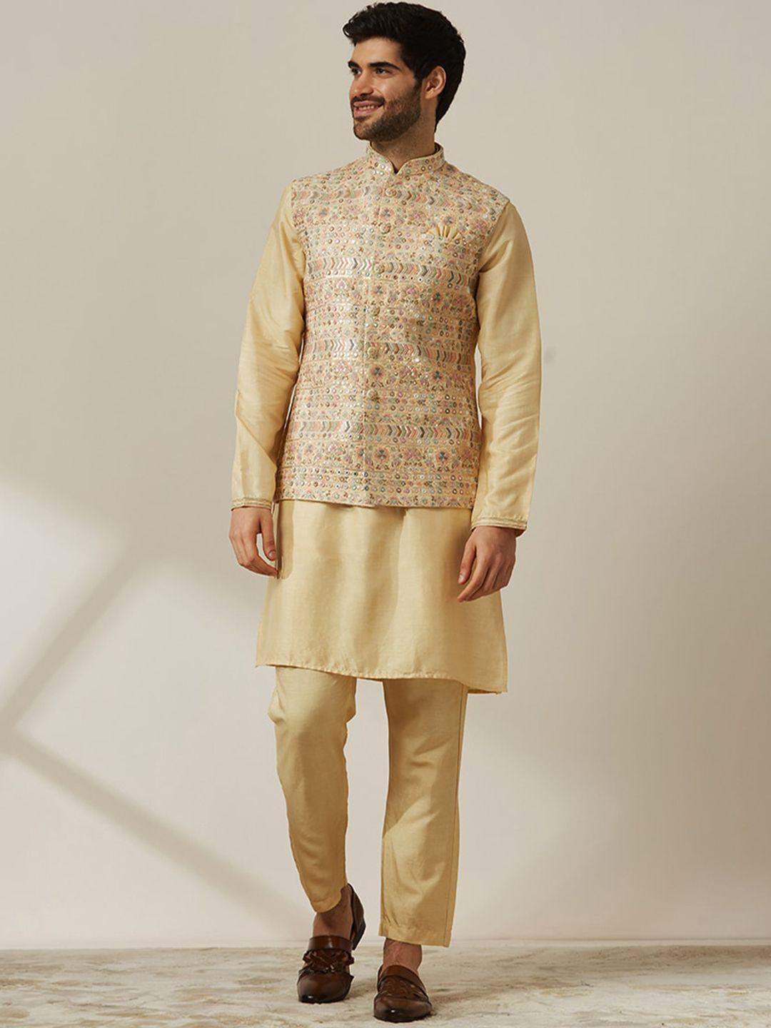 twamev mandarin collar kurta with trousers and embroidered nehru jacket