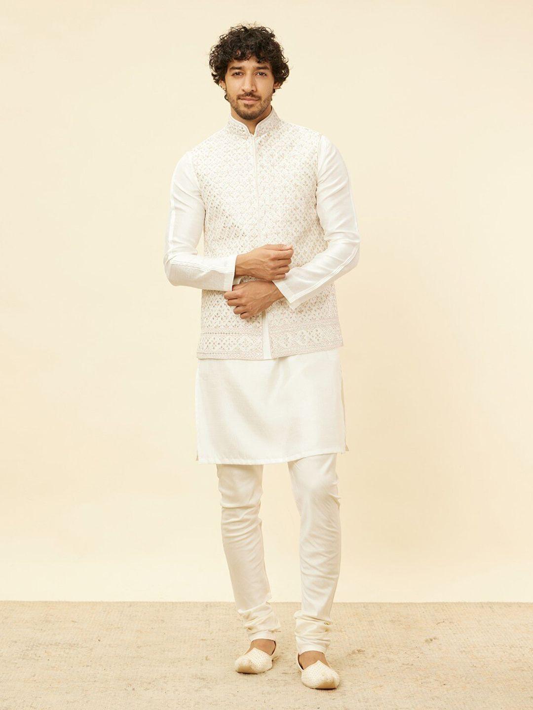 twamev men cream-coloured embroidered regular kurta churidar jacket set