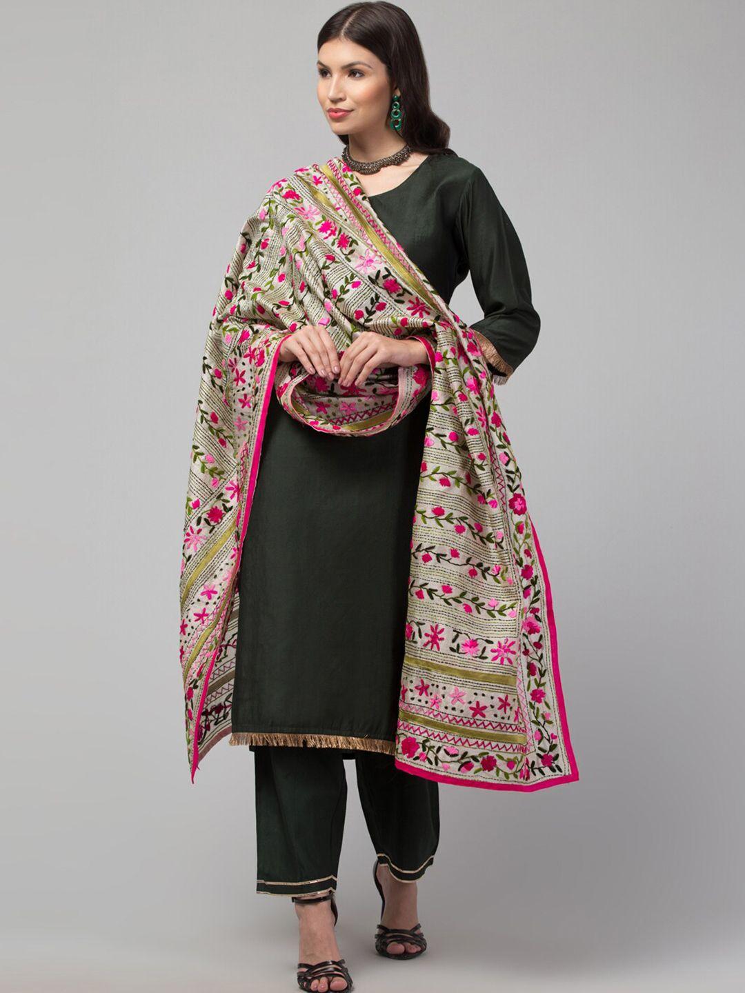 tweedle floral embroidered dupatta with kantha work