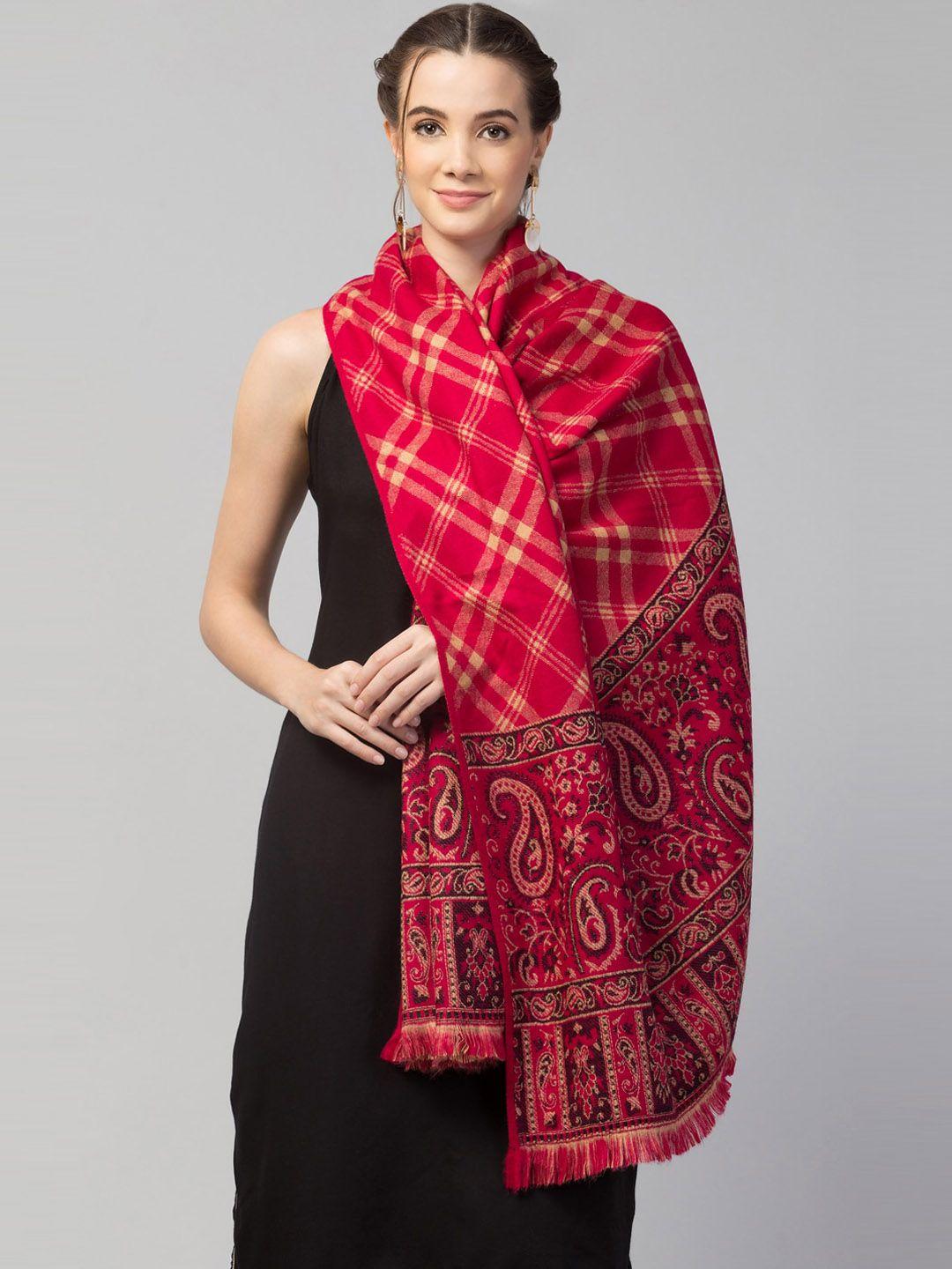 tweedle women magenta woven checked design wool blend shawl