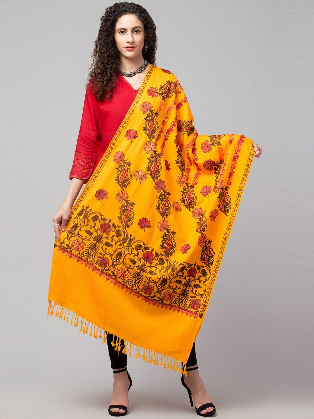 tweedle women yellow & brown floral aari embroidered pure woolen shawl