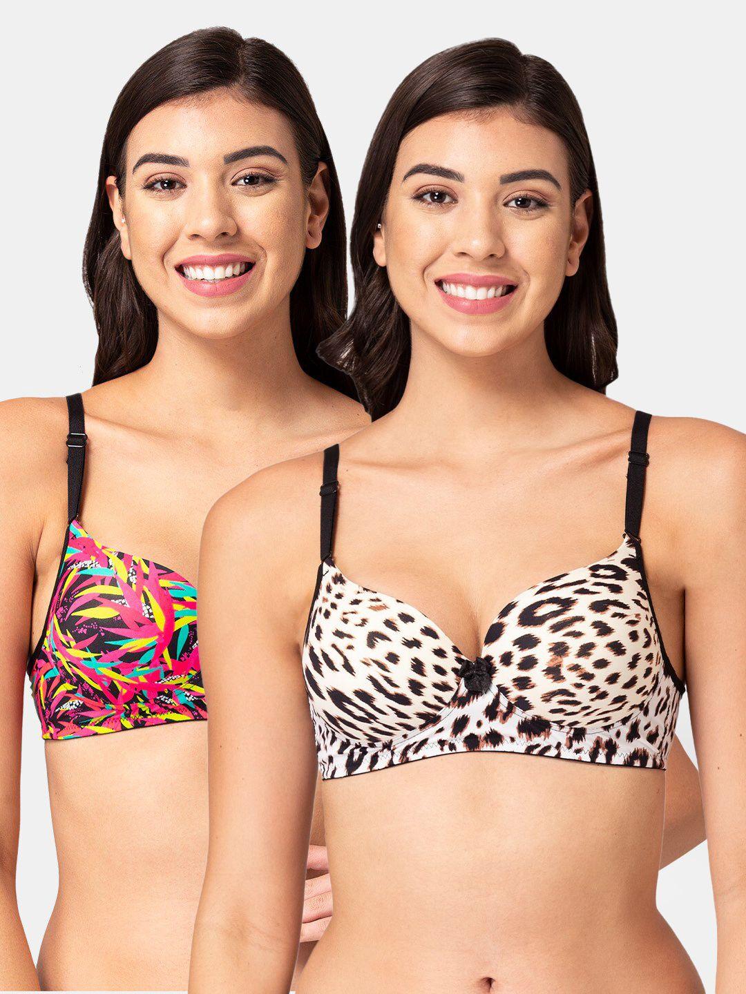 tweens women set of 2 red & black animal print heavily padded t-shirt bra