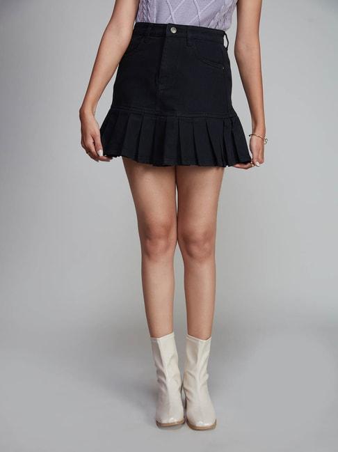 twenty dresses black a line box pleat mini denim skirt