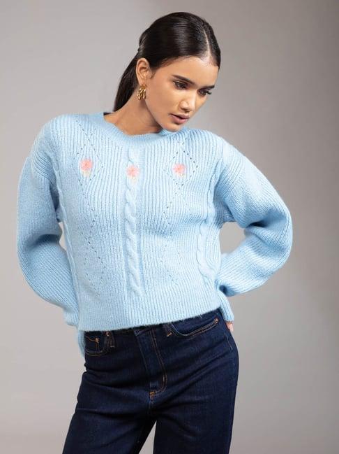 twenty dresses sky blue self design sweater