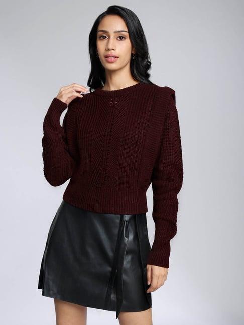 twenty dresses maroon self design sweater