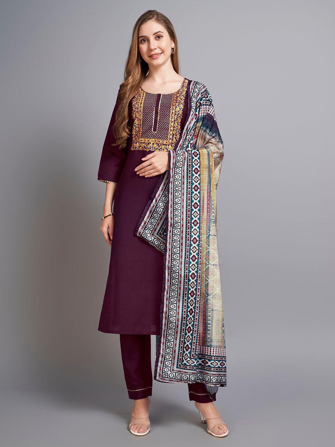 twika women purple embroidered regular kurti with trousers & with dupatta