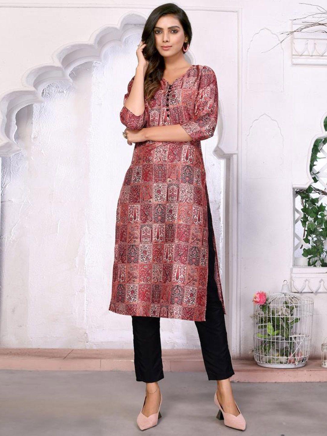 twika ethnic motifs printed v-neck straight kurta with trousers