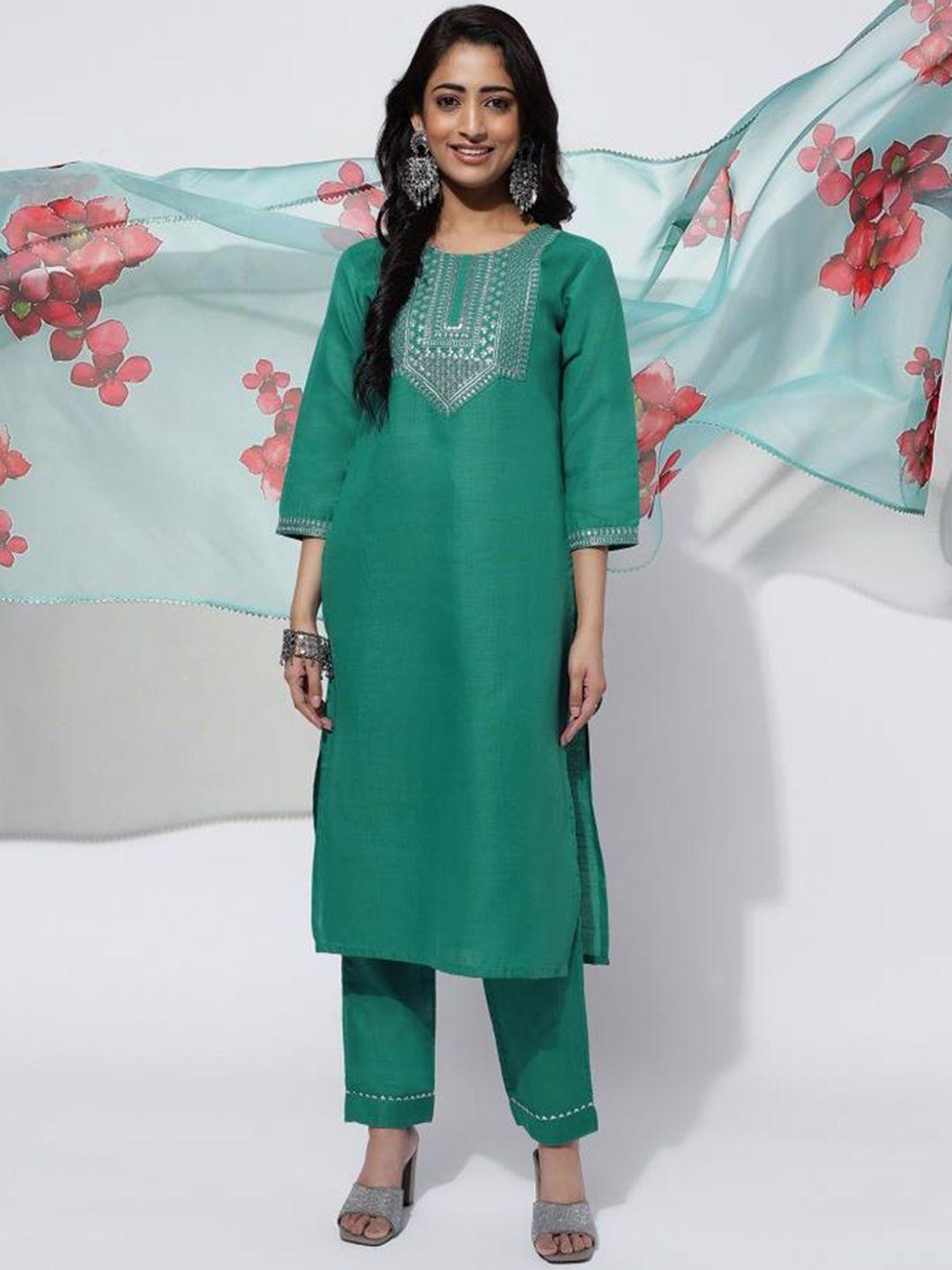 twika women blue embroidered regular kurti with trousers & with dupatta