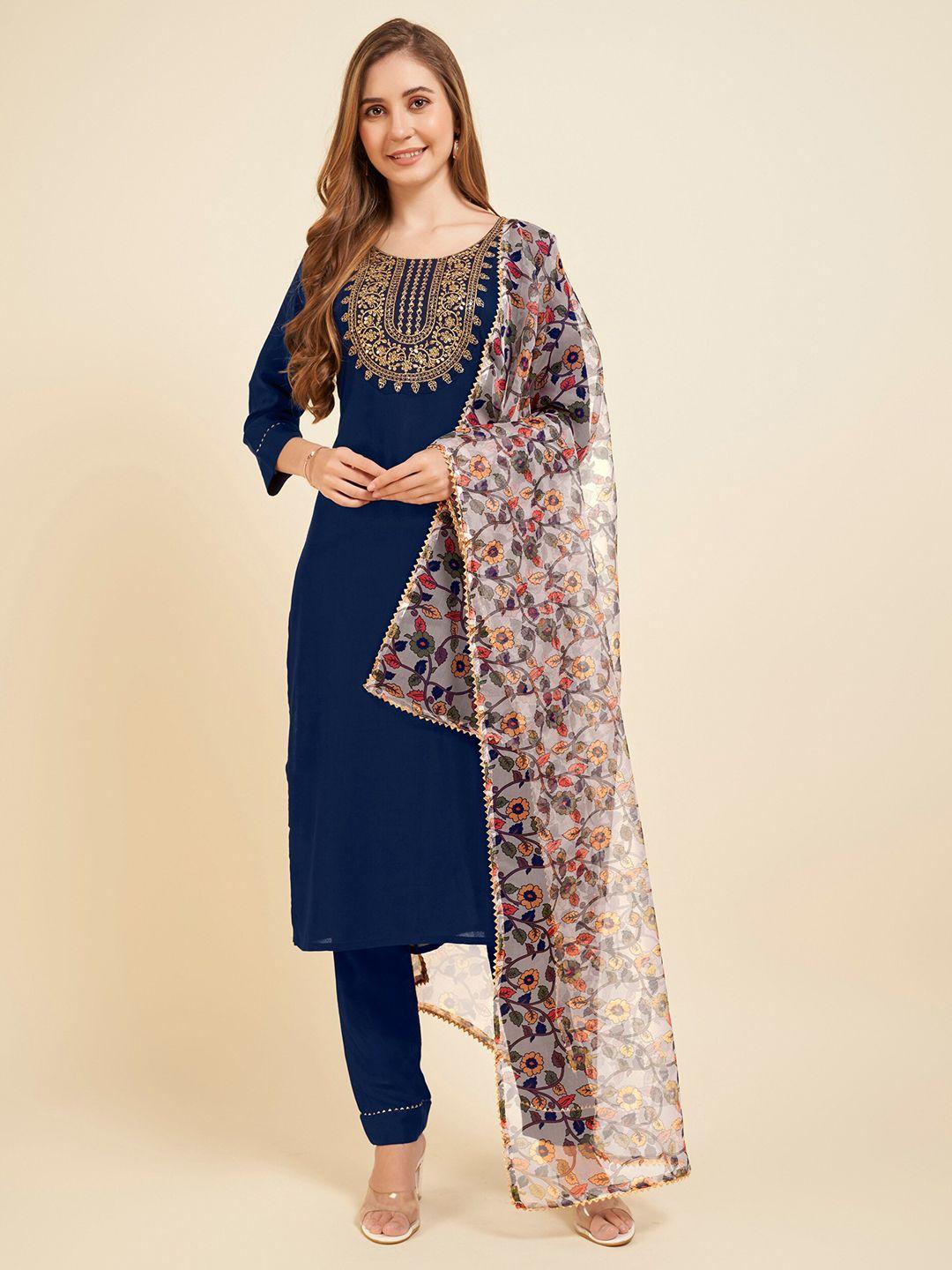 twika women blue embroidered regular kurti with trousers & with dupatta