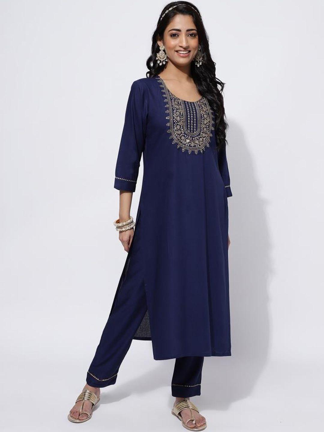 twika women blue printed regular kurti with trousers & with dupatta