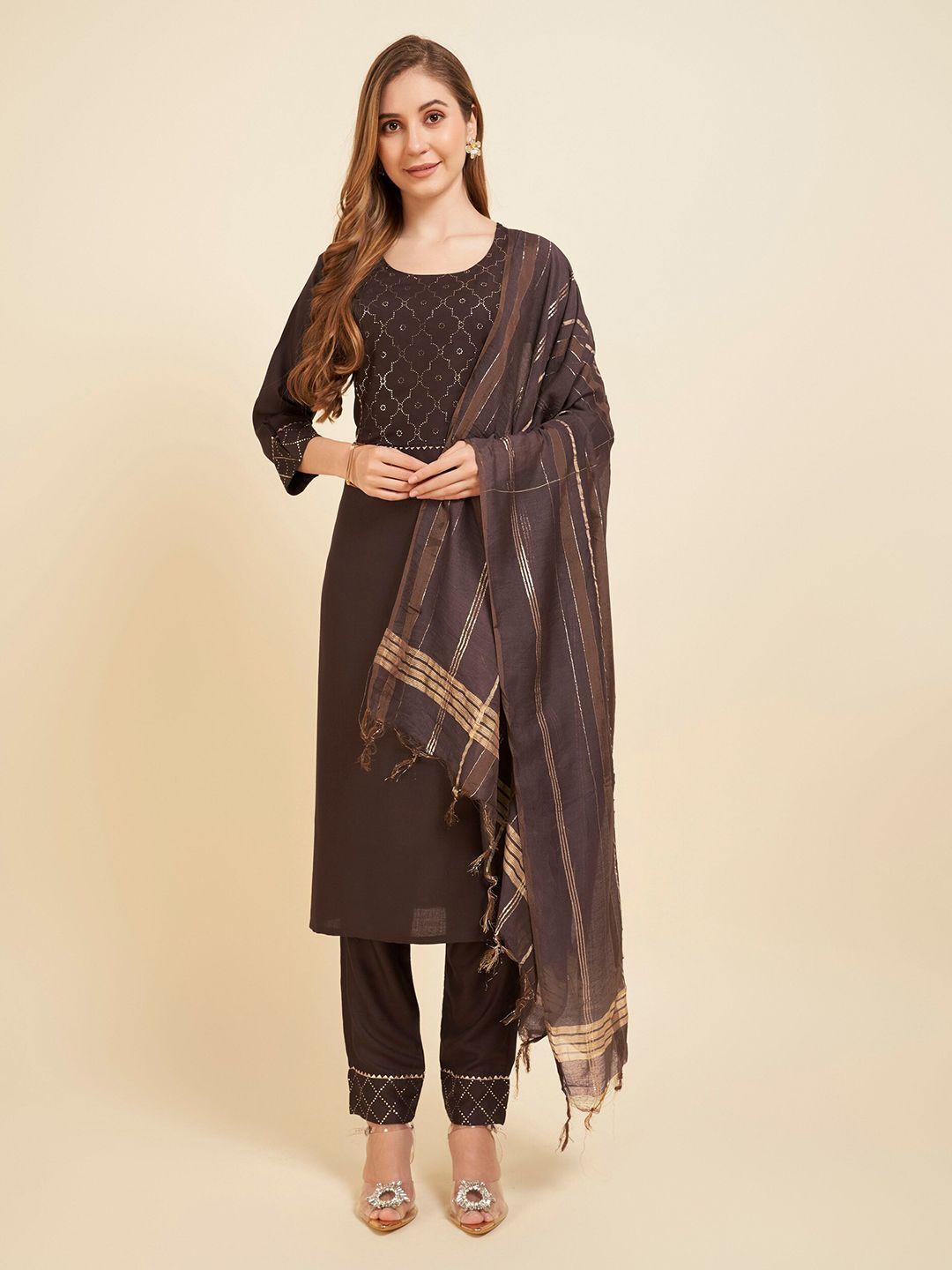 twika women coffee brown regular kurti with trousers & with dupatta