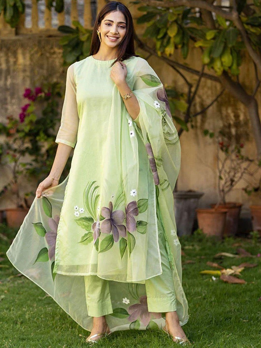 twika women lime green printed regular kurta with trousers & with dupatta