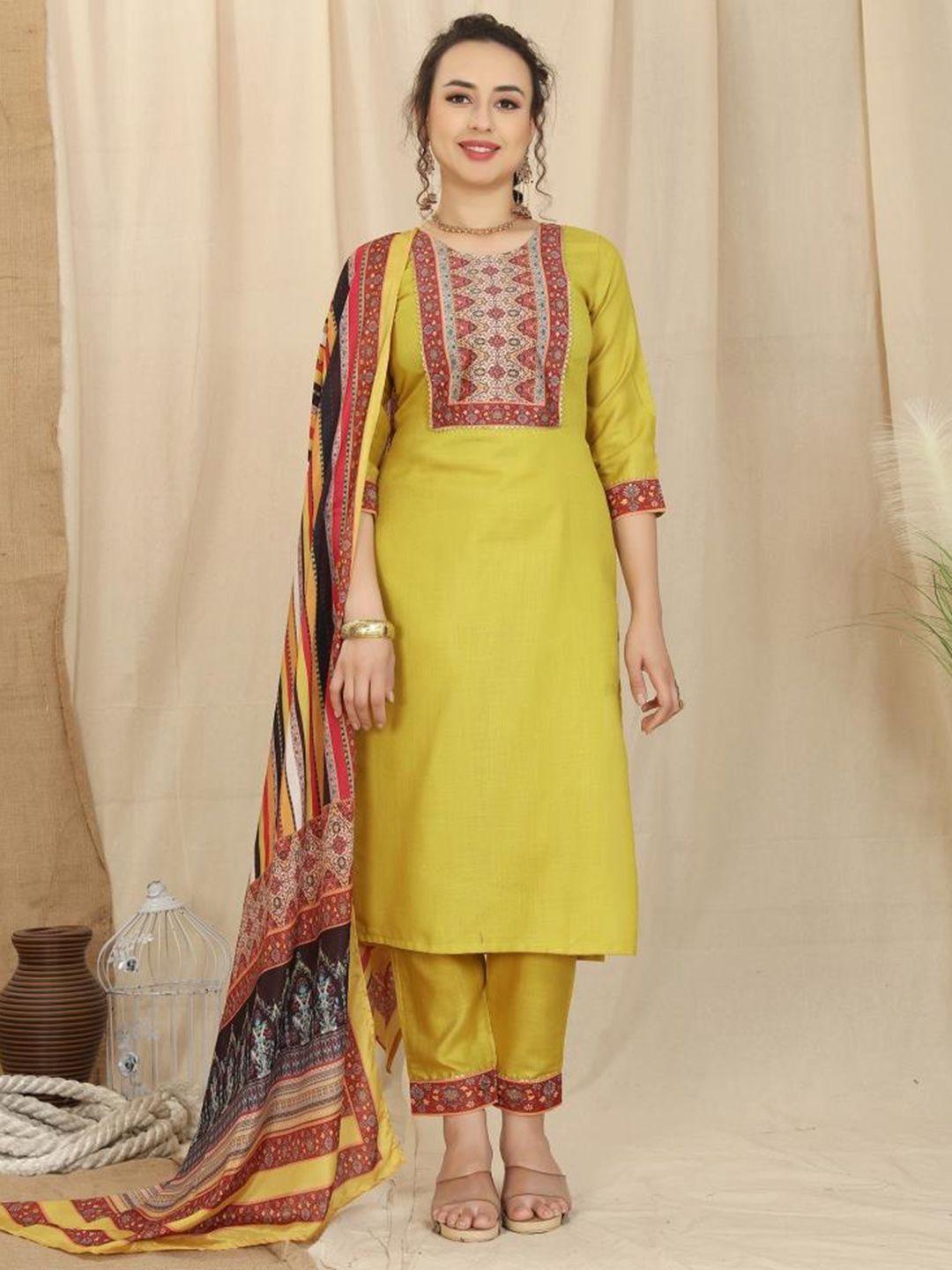 twika women mustard yellow embroidered regular kurti with trousers & with dupatta