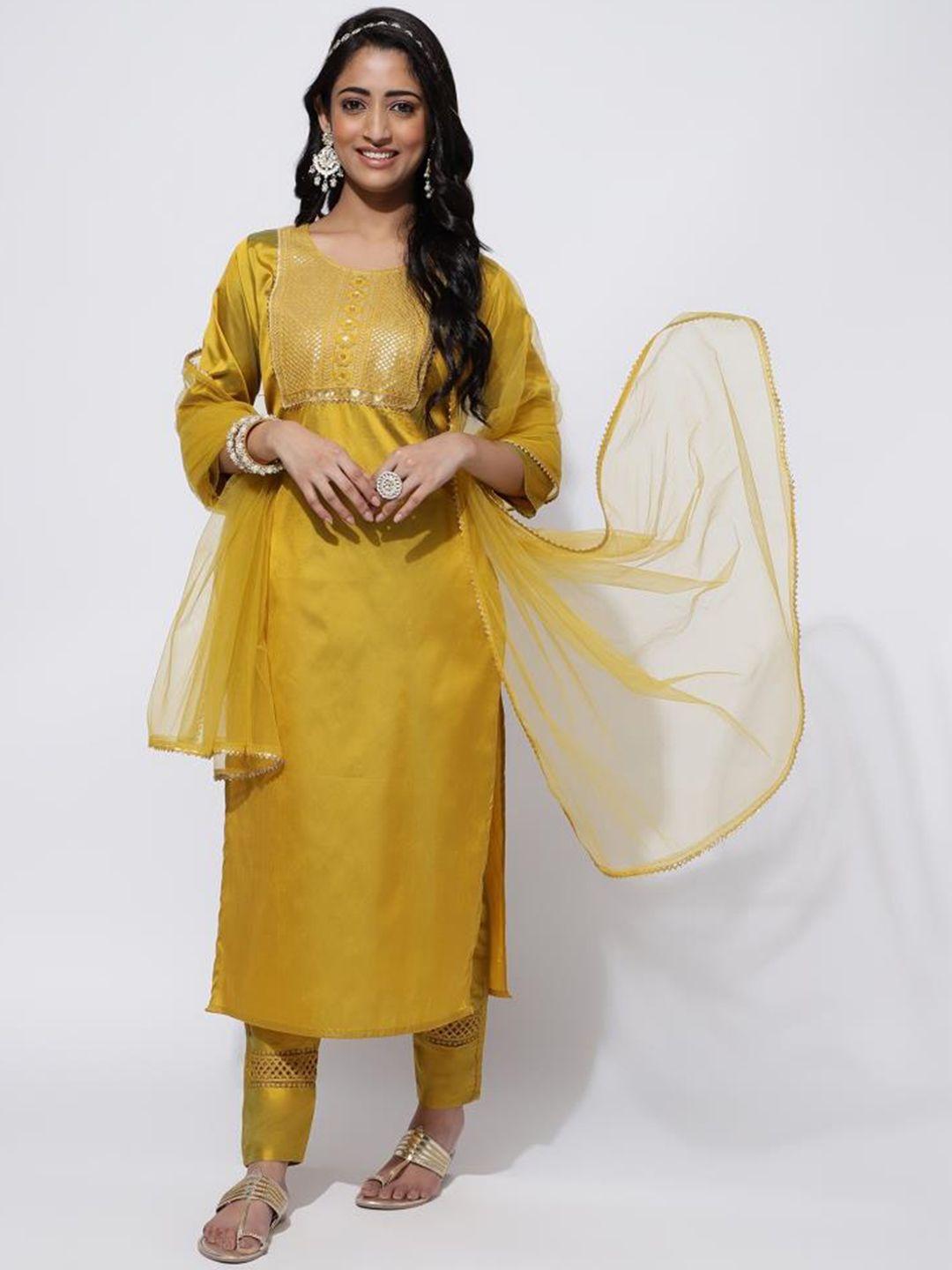 twika women mustard yellow embroidered regular kurti with trousers & with dupatta