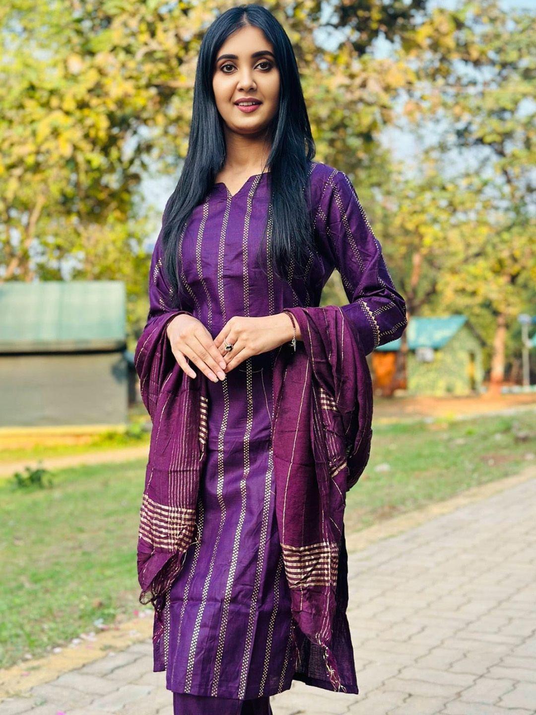 twika women purple printed regular kurti with trousers & with dupatta