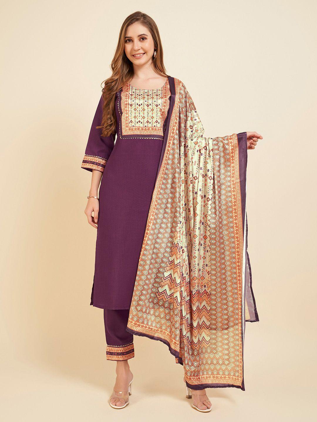 twika women purple regular kurti with trousers & with dupatta