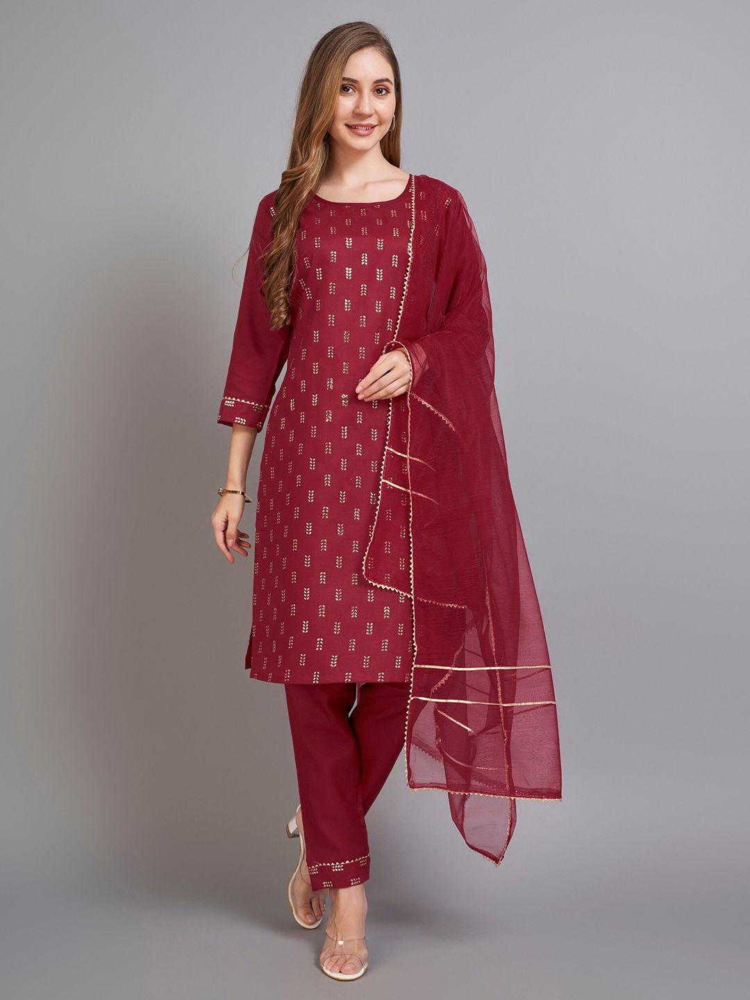 twika women red regular kurti with trousers & with dupatta