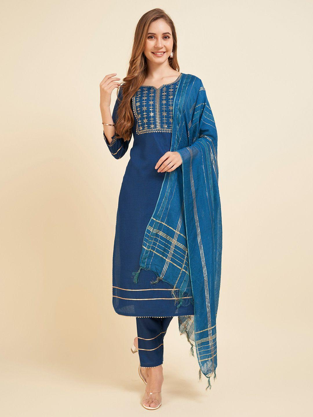 twika women teal embroidered regular kurti with trousers & with dupatta