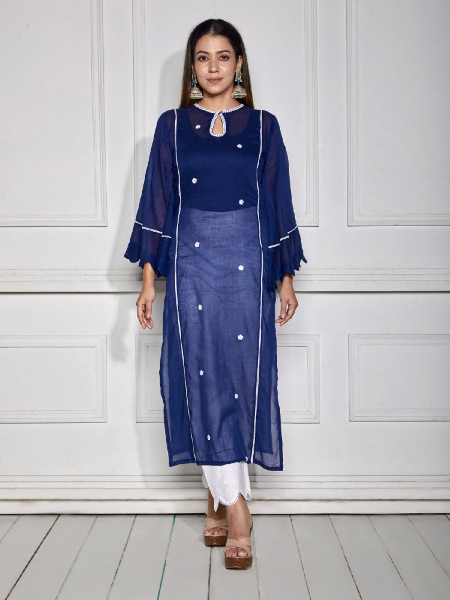 twilight blue lacy muslin kurta with pant (set of 2)