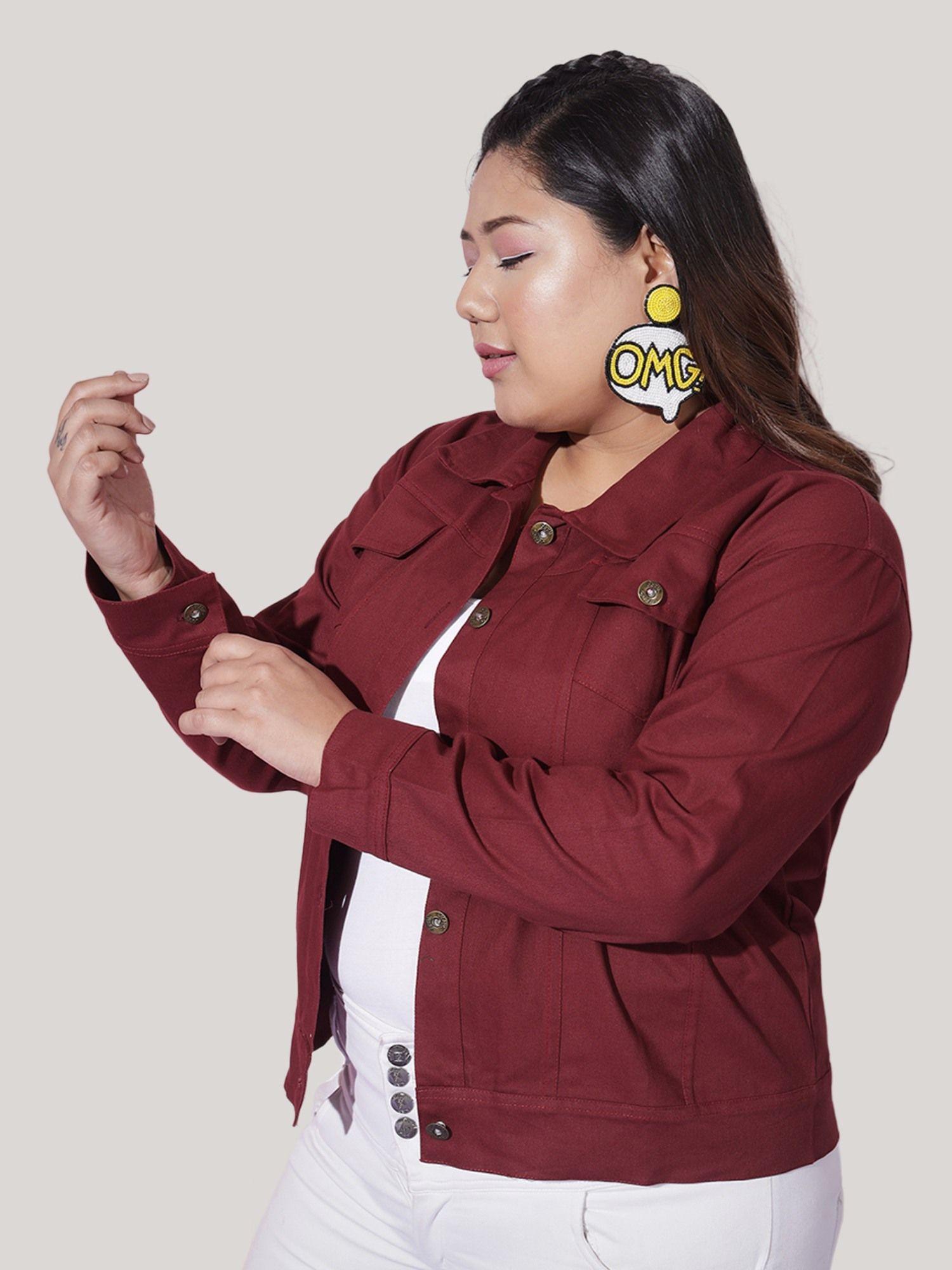 twill denim maroon plus size women regular jacket