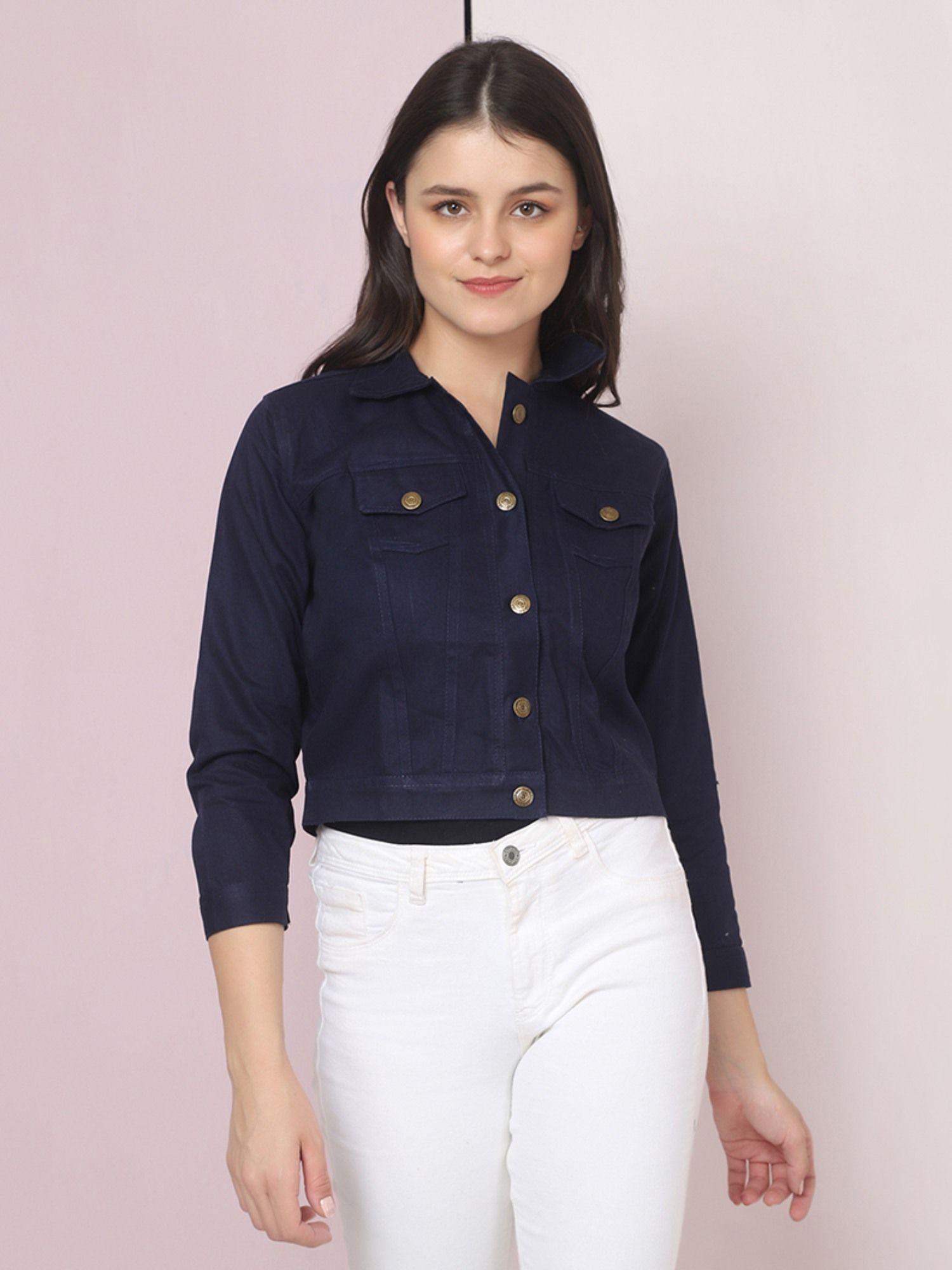 twill navy blue buttoned women regular jacket