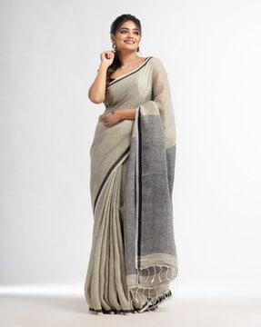 twill weaving handwoven linen saree with border