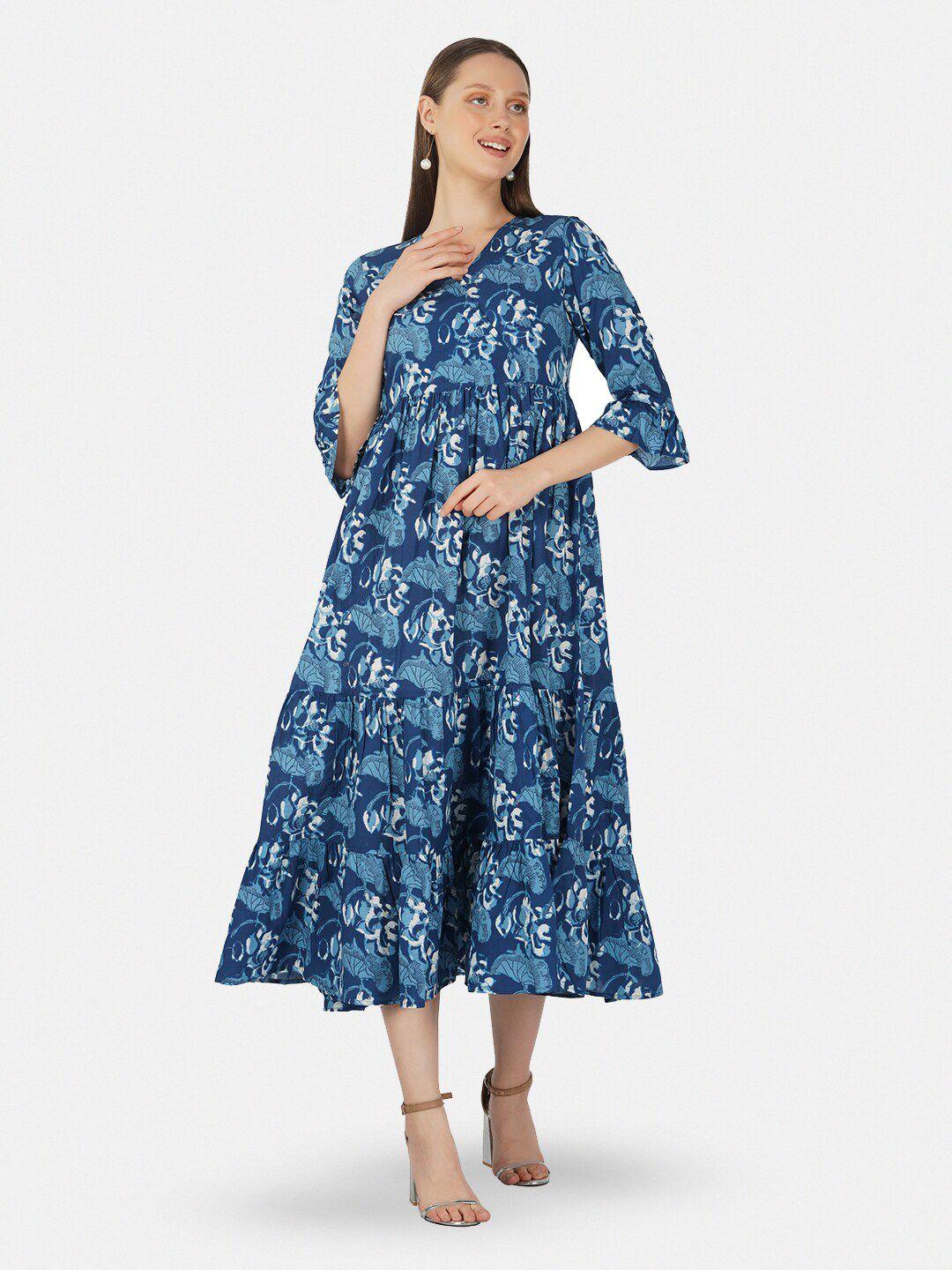 twilldor blue floral print fit & flare midi dress