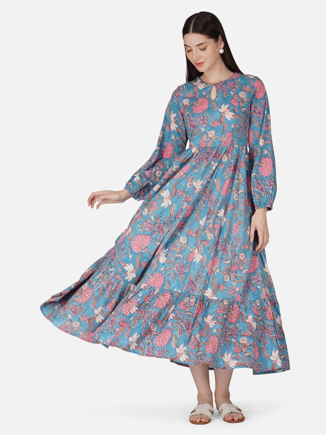 twilldor floral printed puff sleeve tiered gathers detailed cotton fit & flare midi dress