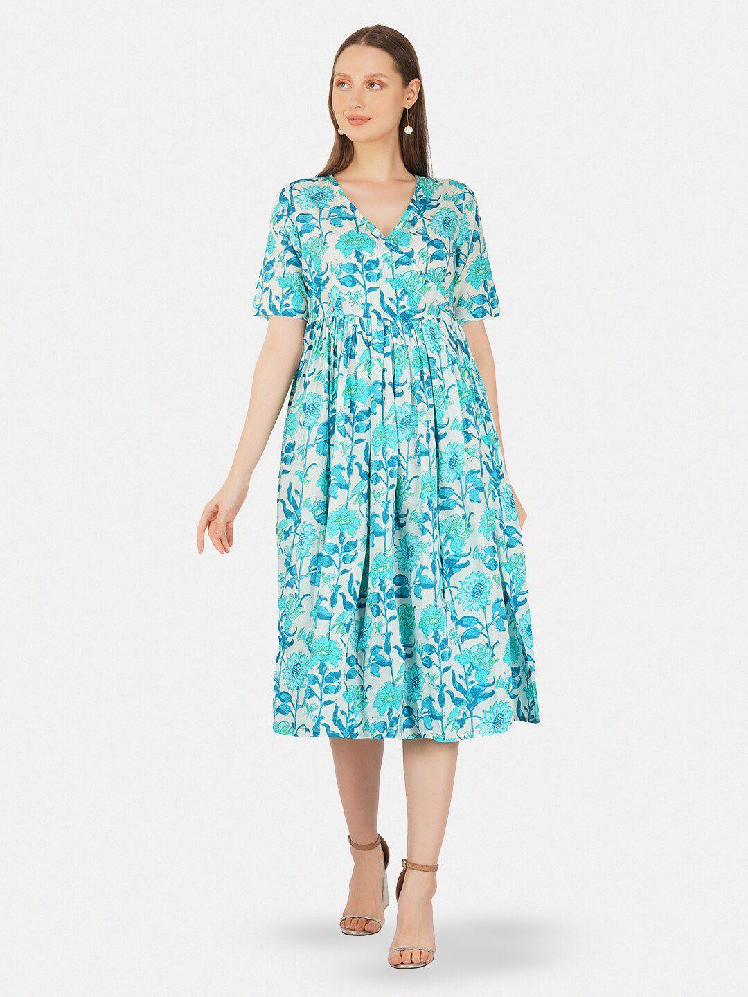 twilldor floral printed v-neck cotton wrap midi dress