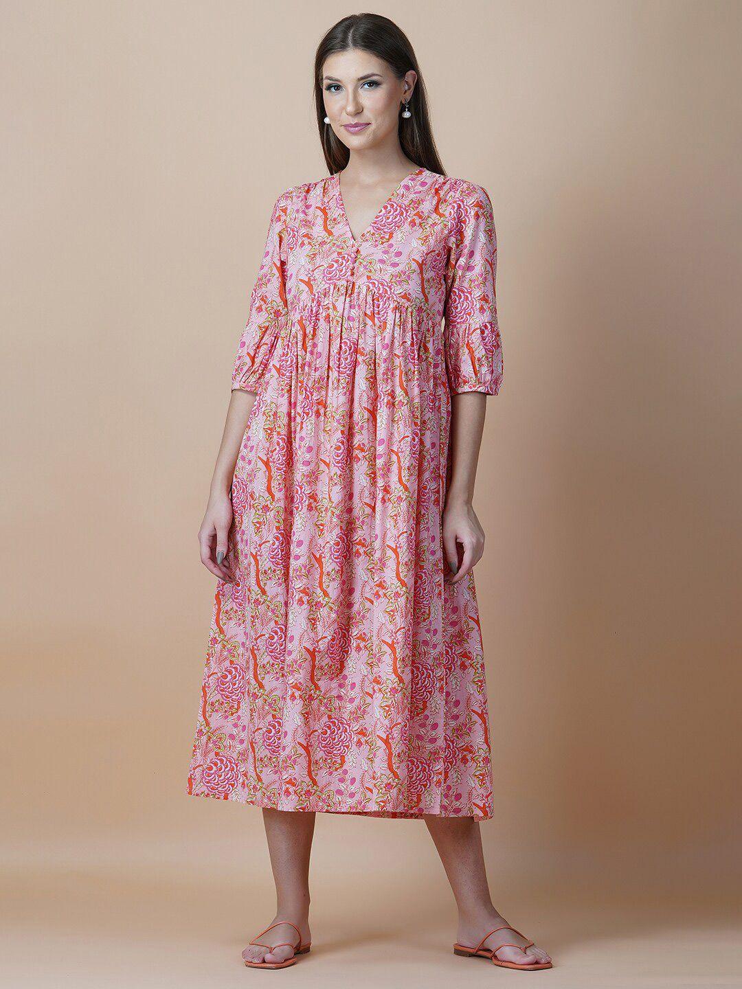 twilldor pink cotton floral ethnic a-line dress