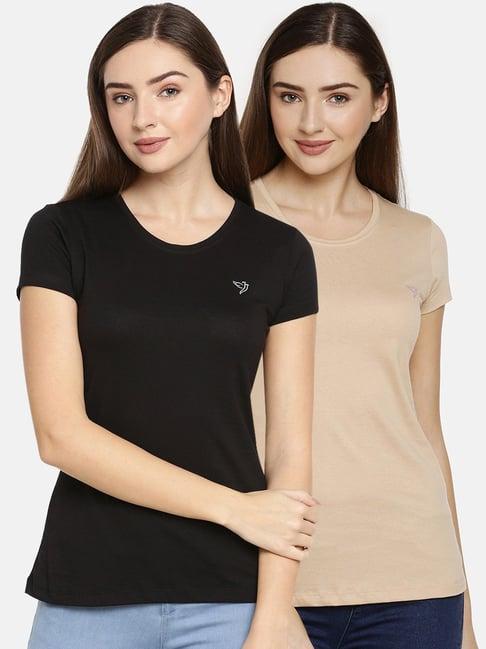 twin birds beige & black cotton logo print t-shirt - pack of 2