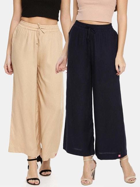 twin birds beige & navy mid rise palazzos - pack of 2