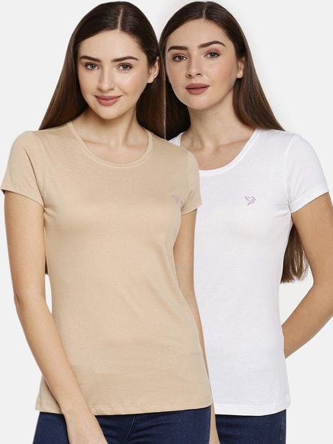 twin birds beige & white cotton logo print t-shirt - pack of 2