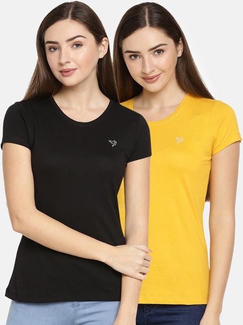 twin birds black & mustard cotton logo print t-shirt - pack of 2
