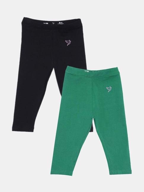 twin birds kids black & green cotton regular fit leggings (pack of 2)