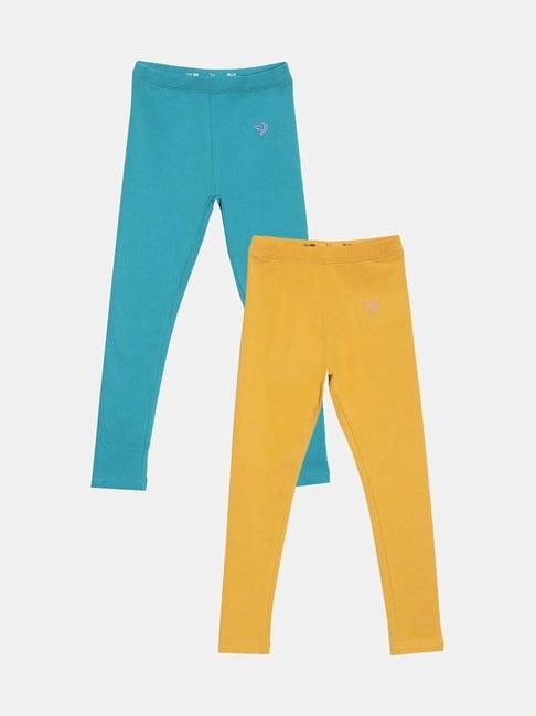 twin birds kids blue & yellow cotton regular fit leggings (pack of 2)