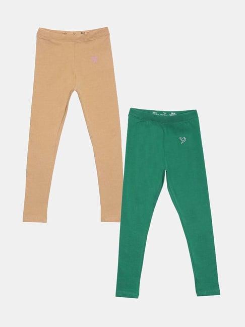 twin birds kids green & beige cotton regular fit leggings (pack of 2)