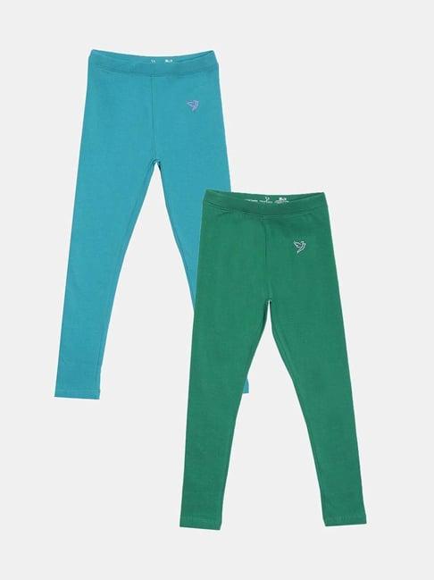 twin birds kids green & blue cotton regular fit leggings (pack of 2)