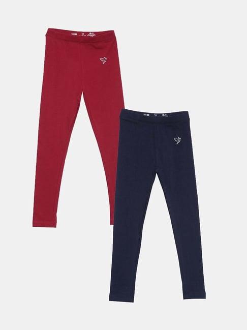 twin birds kids red & navy cotton regular fit leggings (pack of 2)