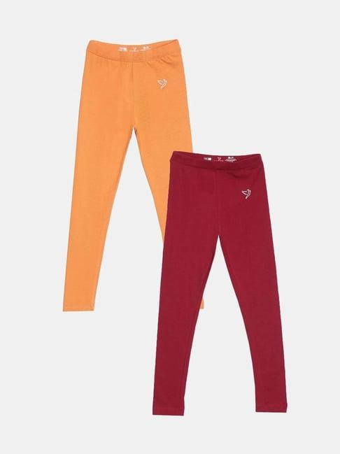 twin birds kids red & orange cotton regular fit leggings (pack of 2)