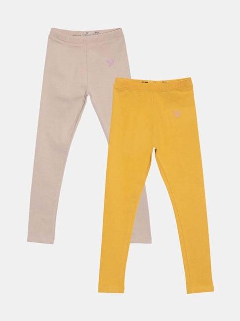 twin birds kids yellow & beige cotton regular fit leggings (pack of 2)