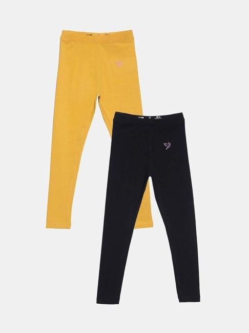 twin birds kids yellow & black cotton regular fit leggings (pack of 2)
