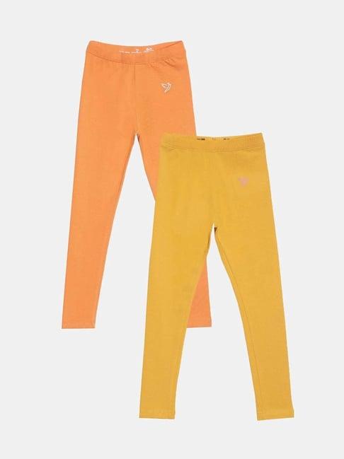 twin birds kids yellow & orange cotton regular fit leggings (pack of 2)