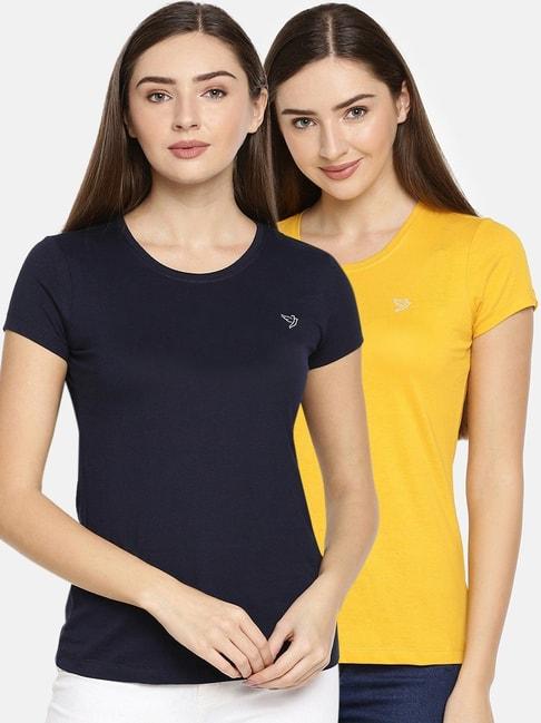 twin birds navy & yellow cotton logo print t-shirt - pack of 2