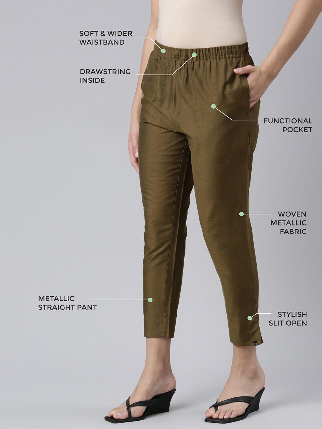 twin birds women mid-rise shimmer solid functional pockets straight trousers
