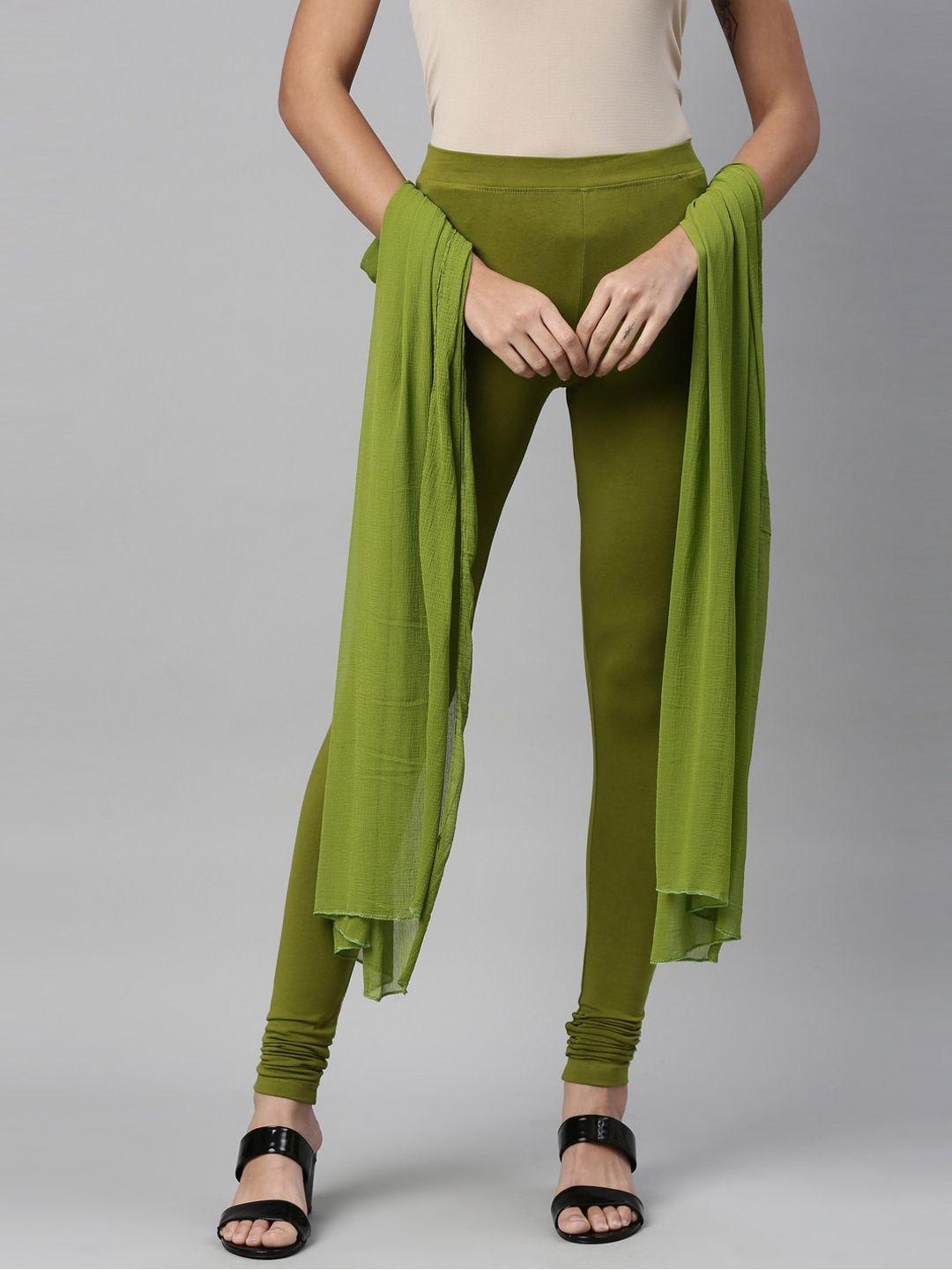 twin birds women olive-green solid ankle-length leggings with shawl