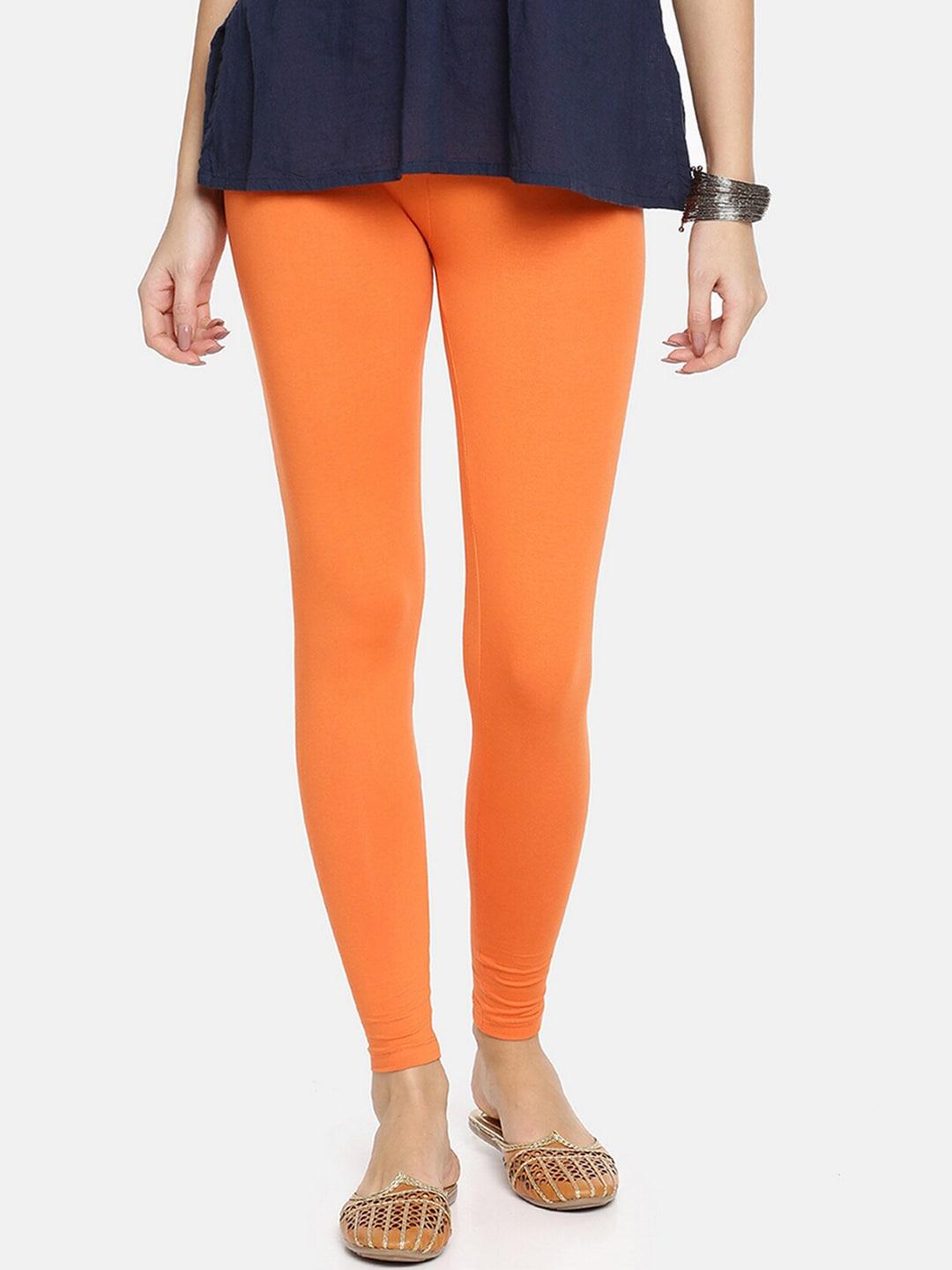 twin birds women orange solid ankle-length leggings