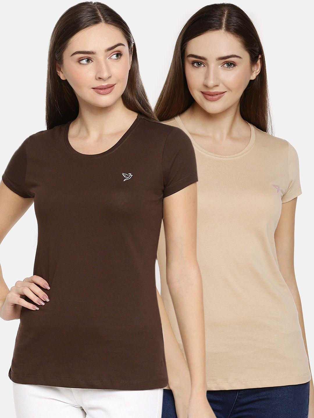 twin birds women pack of 2 solid round neck pure cotton t-shirts